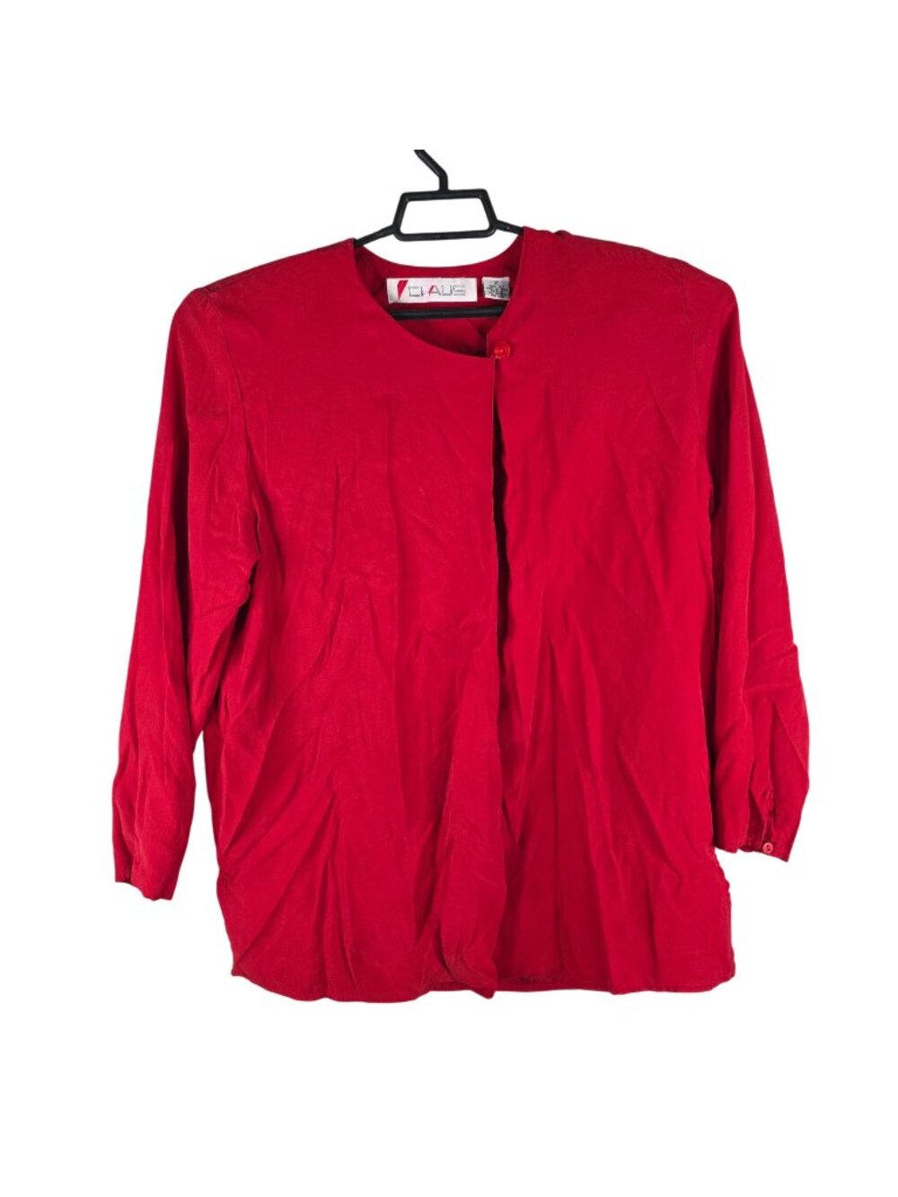 Women Vintage Chaus Red Silk Collarless Blouse Top Long Sleeve Size 12